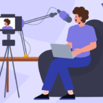 person podcasting on video and desktop with large microphone