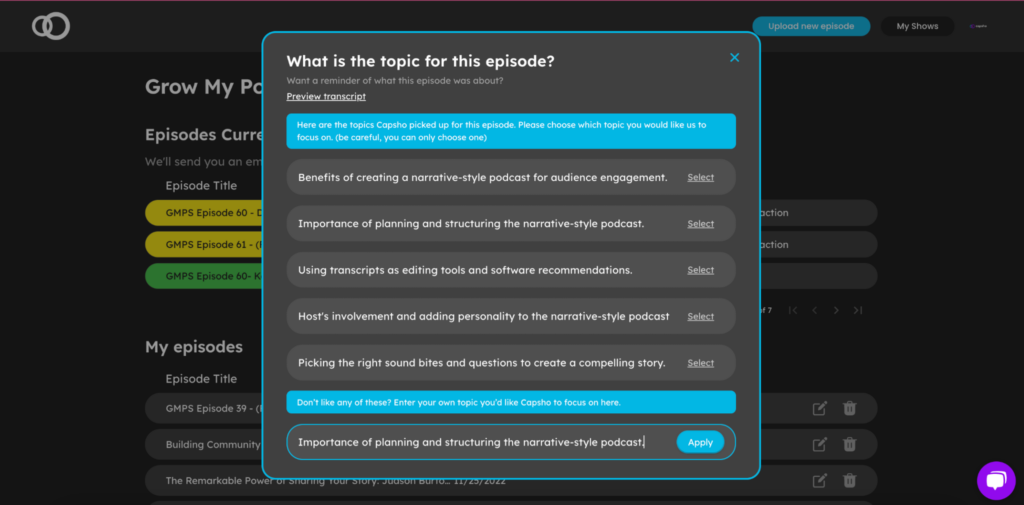 Choosing an episode topic