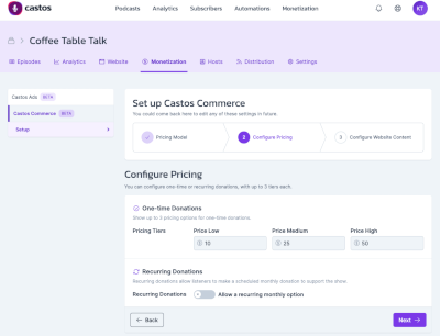 Castos Commerce makes it easy to set up monetization for your show, with no download minimums.