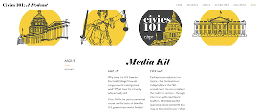 Civics 101's media kit is as clear and straightforward as their educational style. The high-contrast color scheme and line drawings of government icons support the topic and transparency.