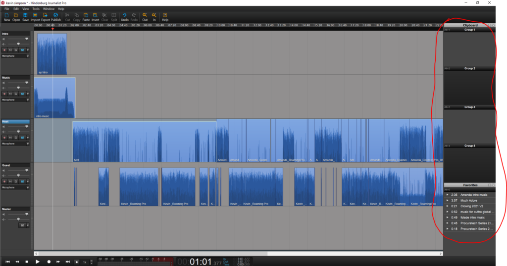 Hindenburg editing workstation. A red circle is around the clipboard area.