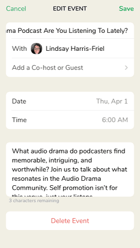 screenshot of how to edit or delete an event in clubhouse