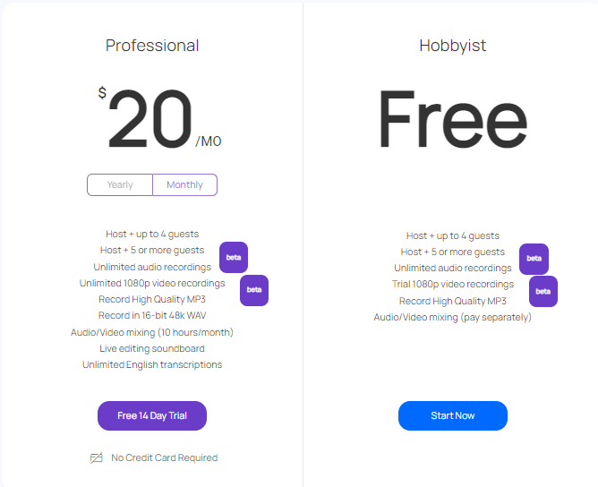 Zencastr pricing plans, found at https://zencastr.com/pricing. Professional is $20 per month and Hobbyist is FREE with unlimited recordings.