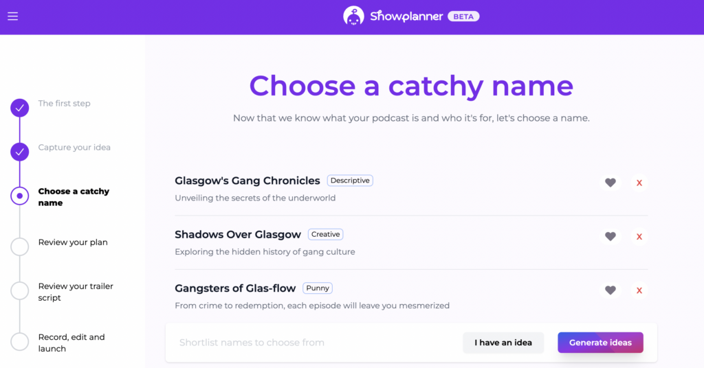 screenshot of Alitu Showplanner podcast name generator