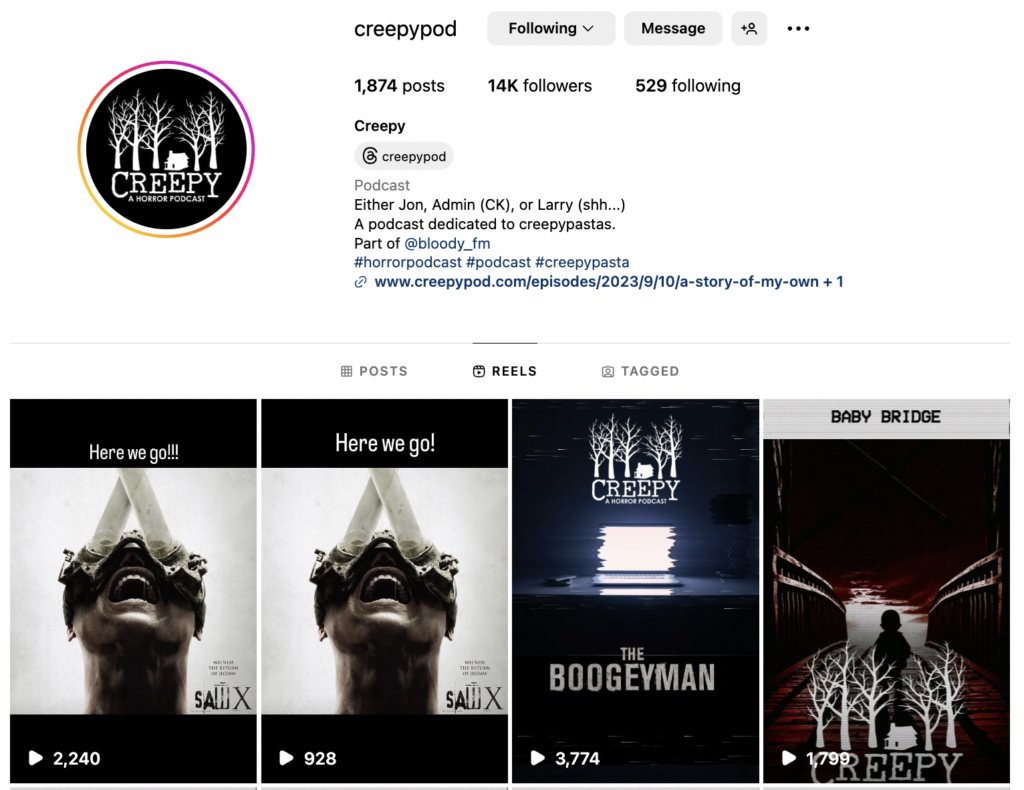 Screenshot of Creepy Podcast instagram account