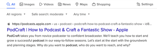 Good SEO for podcasters puts the most vital data in the first sentence of the podcast description. You never know how search engines will display it.